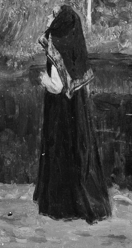 The central human presence , dark habit-like dress and head covering suggest a nun or pilgrim, her stillness and slight tilt conveying deep listening; the entire composition is organized around her silent communion with nature