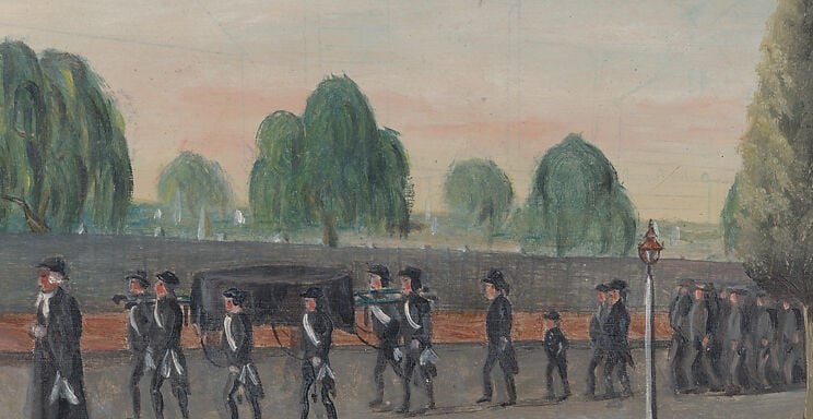The mourners' faces are blurred on purpose.