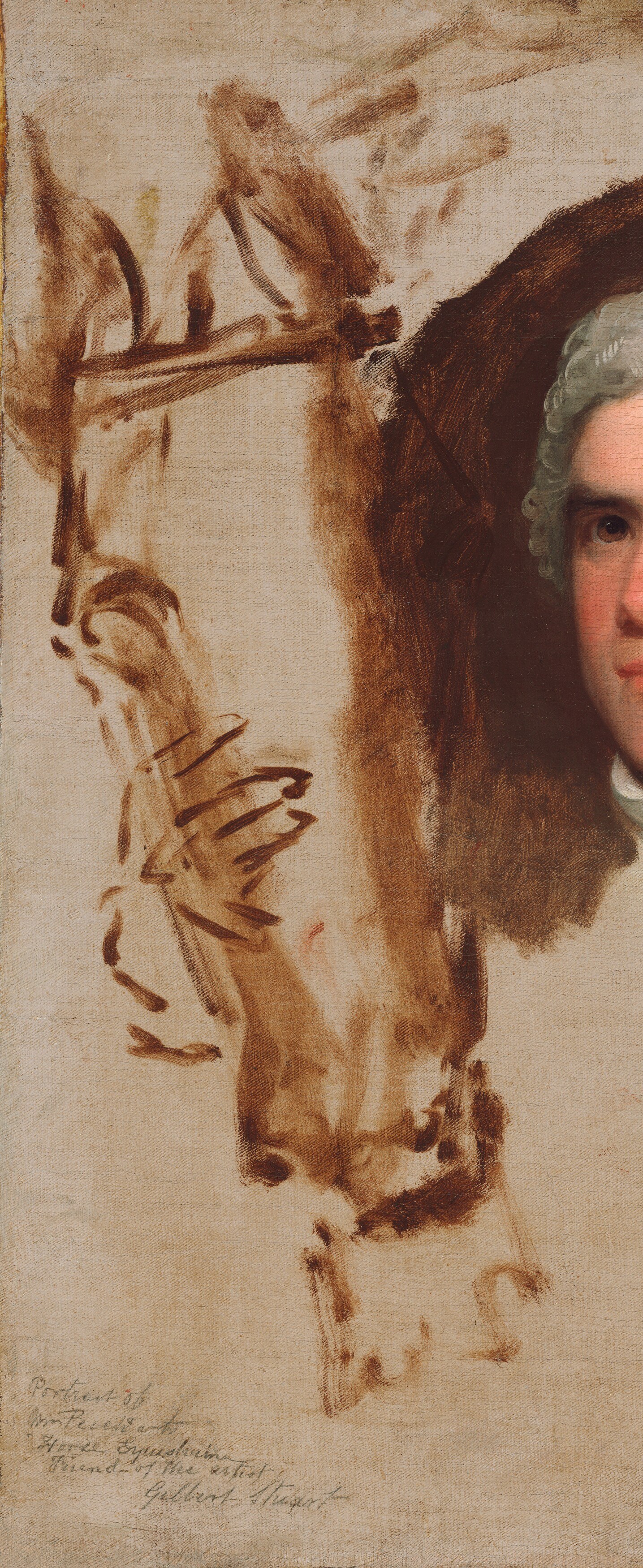 The absence is itself meaningful: Stuart routinely left portraits unfinished when fees went unpaid; this unresolved canvas documents the economic and social conditions of portrait practice in 1790s America.