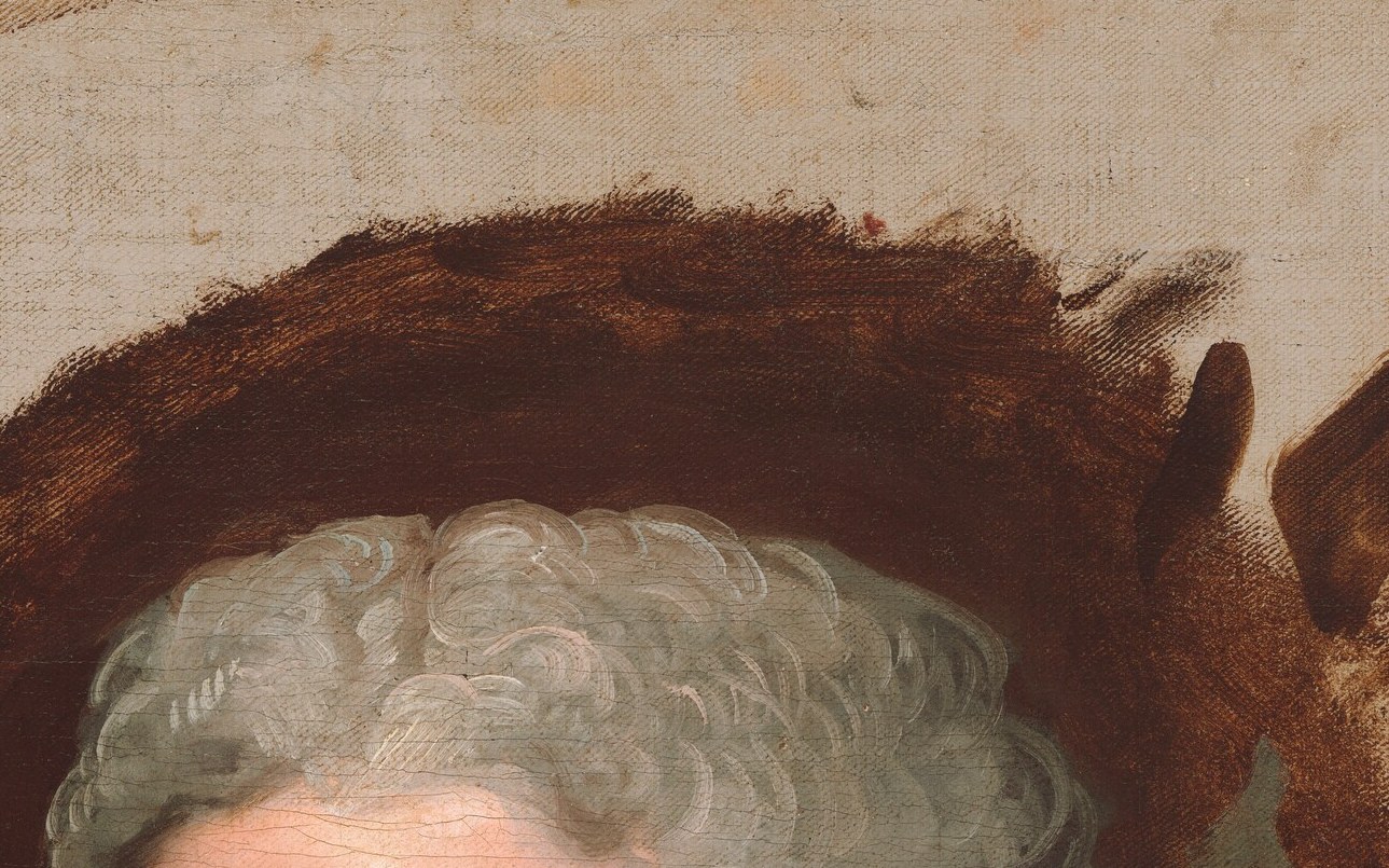 The crisp silver-grey hair is rendered with delicate feathered strokes against the raw ground, framing the face and placing Ricketts firmly in late 18th-century genteel convention , a circus impresario performing respectability.