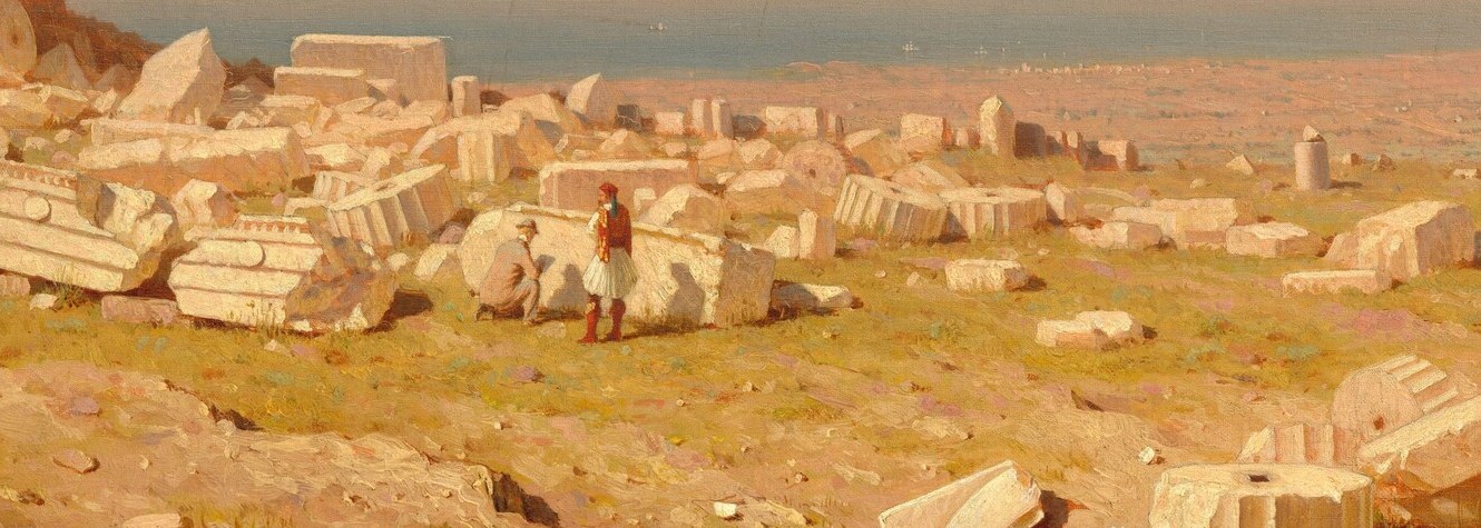 The chaotic arrangement of ruins suggests the violent forces that led to their destruction.