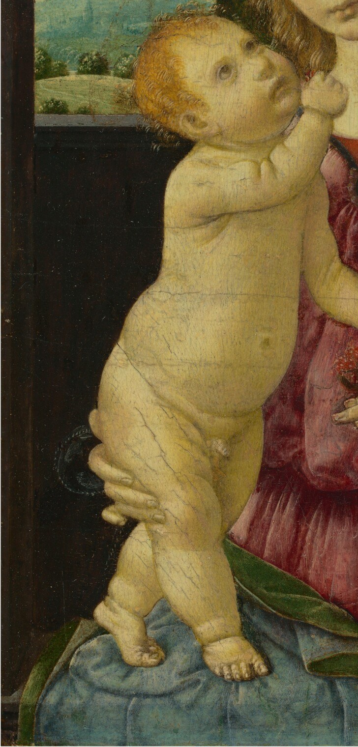 The deep azurite blue , a hallmark of Florentine panel painting , falls in crisp folds that demonstrate oil-on-panel's capacity for luminous shadow gradations absent in tempera.