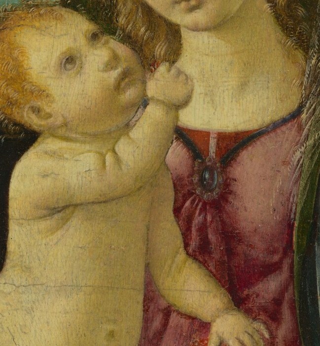 The upturned, chubby infant face creates direct eye-contact geometry with the Madonna , the axis of their mutual gaze is the composition's spine.