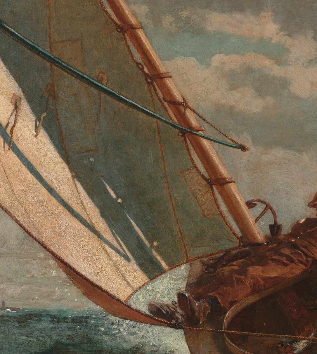 The boat leans hard. The boy hangs right over the water.
