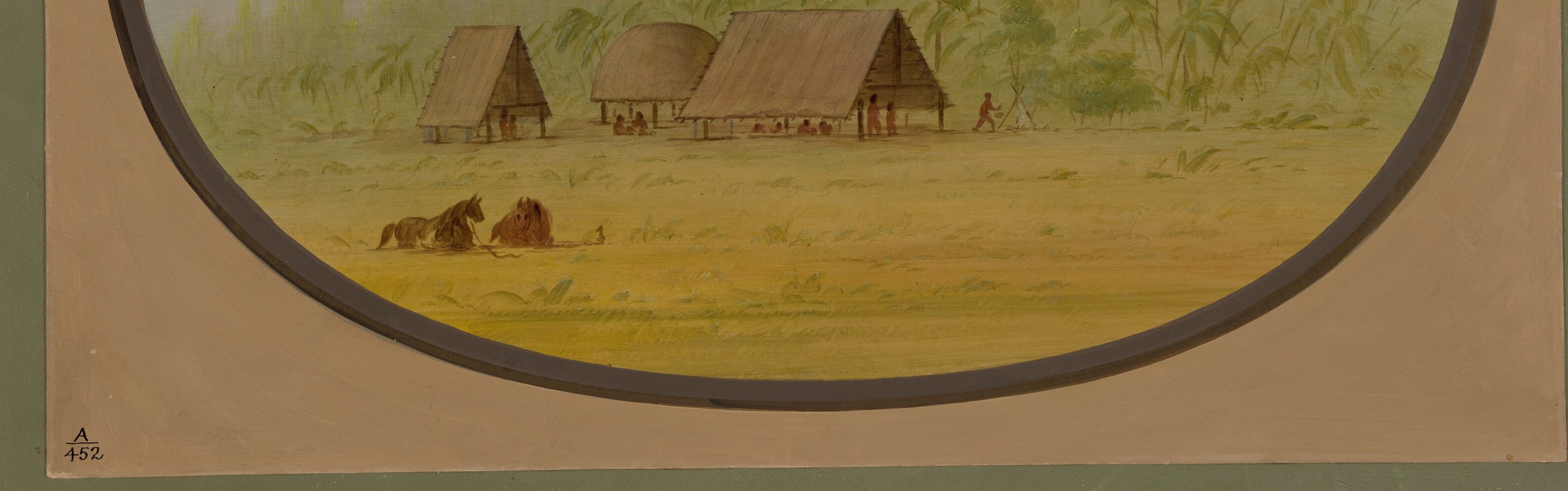 A broad sweep of pale gold-green earth separating viewer from village; the flat, open space implies the village sits in a cleared clearing, revealing deliberate human land management.