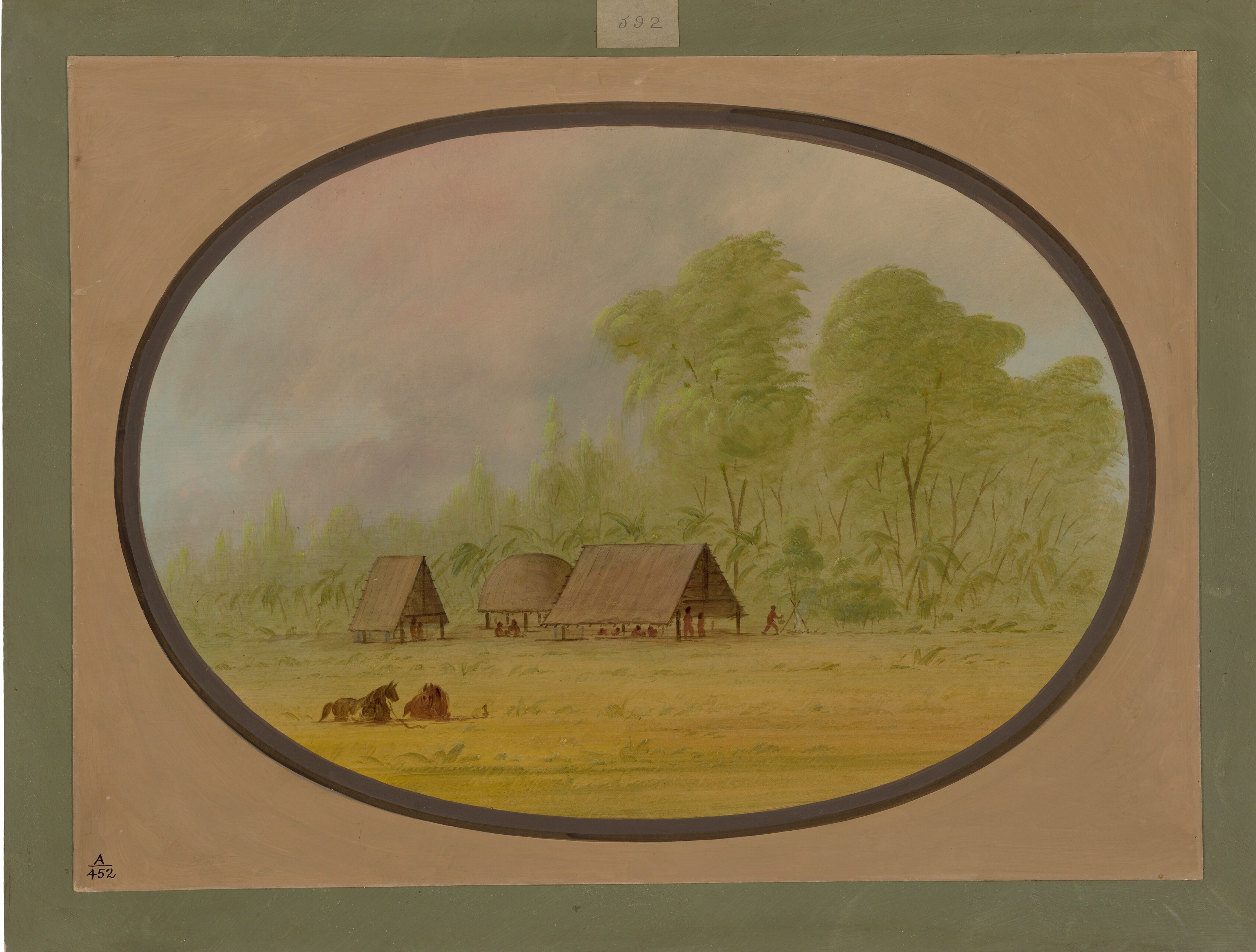 Catlin frequently used oval presentation formats for his documentary studies; the format signals 'specimen' or 'specimen portrait,' treating the village like a natural history specimen , a curatorial choice worth narrating.