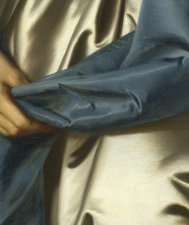 The delicate rendering of her fingers and the way they grasp the fabric highlight the artist's skill in depicting human anatomy and texture.