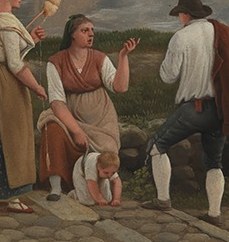 A mother and child sit nearby.