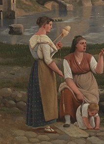 Her focused expression and the act of spinning suggest domesticity and industry.