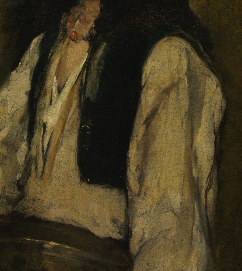 Her loose blouse is painted with pronounced impasto.