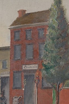 Chappel's trees soften the hard urban grid; the foliage is rendered with a loose touch that contrasts with the precise architectural linework