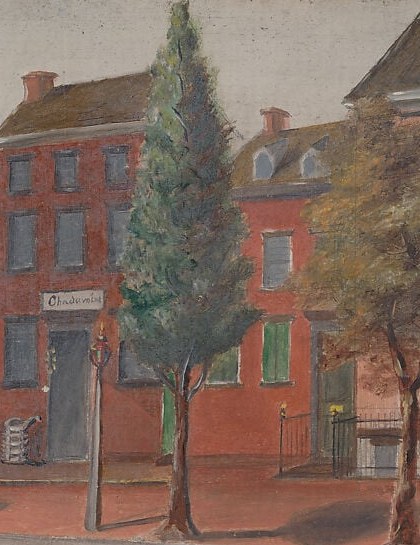 The compositional anchor; its warm brick tone against the slate-toned sky demonstrates Chappel using the dark ground to push chromatic contrast