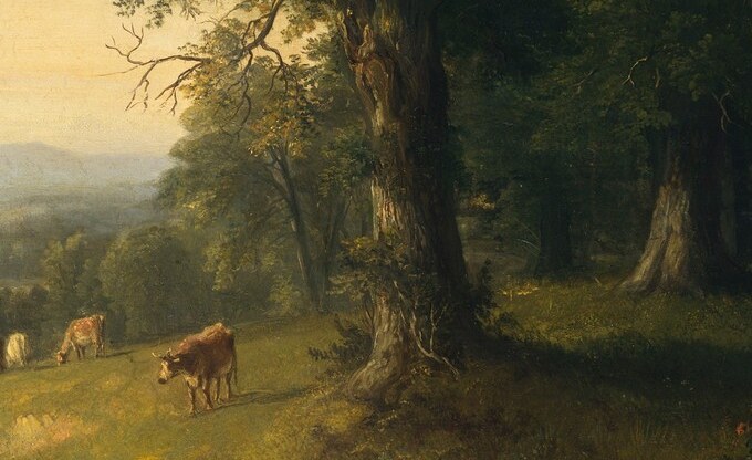 Classic pastoral staffage; the cows ground the scene in lived agricultural time and give scale to the surrounding landscape, fulfilling Durand's vision of man and nature in harmony.