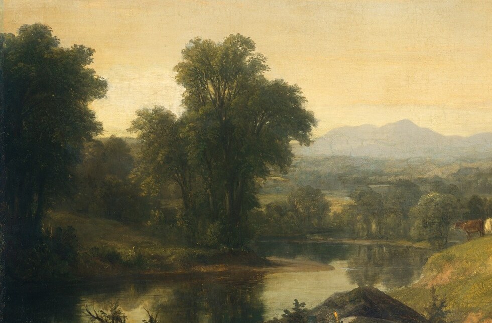 The still water acts as a mirror doubling the sky's warm luminosity; Durand's careful rendering of reflection was a signature technique demonstrating direct study from nature.
