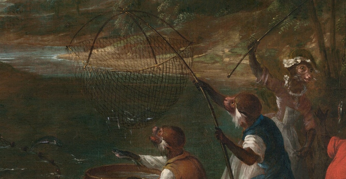 The intricate weave of the net and its submerged form create a textural interest and emphasize the central activity of the painting.