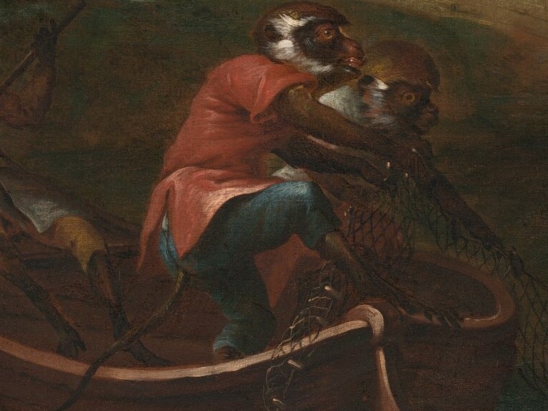 It means 'monkey trickery' or 'monkey scene'.