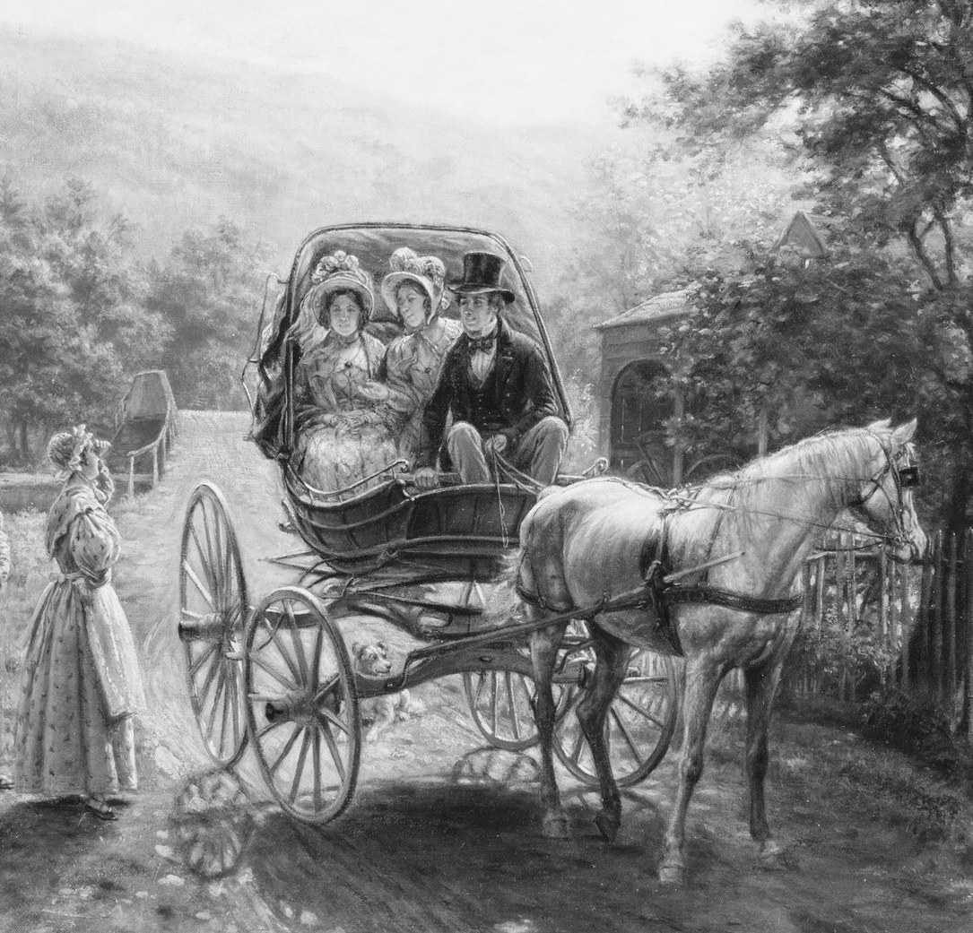The vehicle's enclosed hood and fine trim signal upper-middle-class status; its dark lacquered panels contrast starkly with the pale horse and light figures.