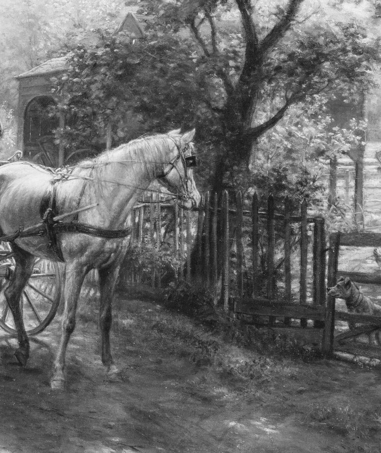 The horse's pale coat is the brightest value in the scene and anchors the whole composition; its posture suggests a momentary halt, not movement.
