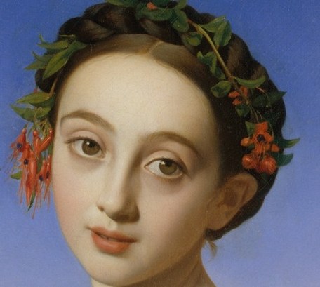 She wears a wreath of leaves and flowers, a classical symbol.