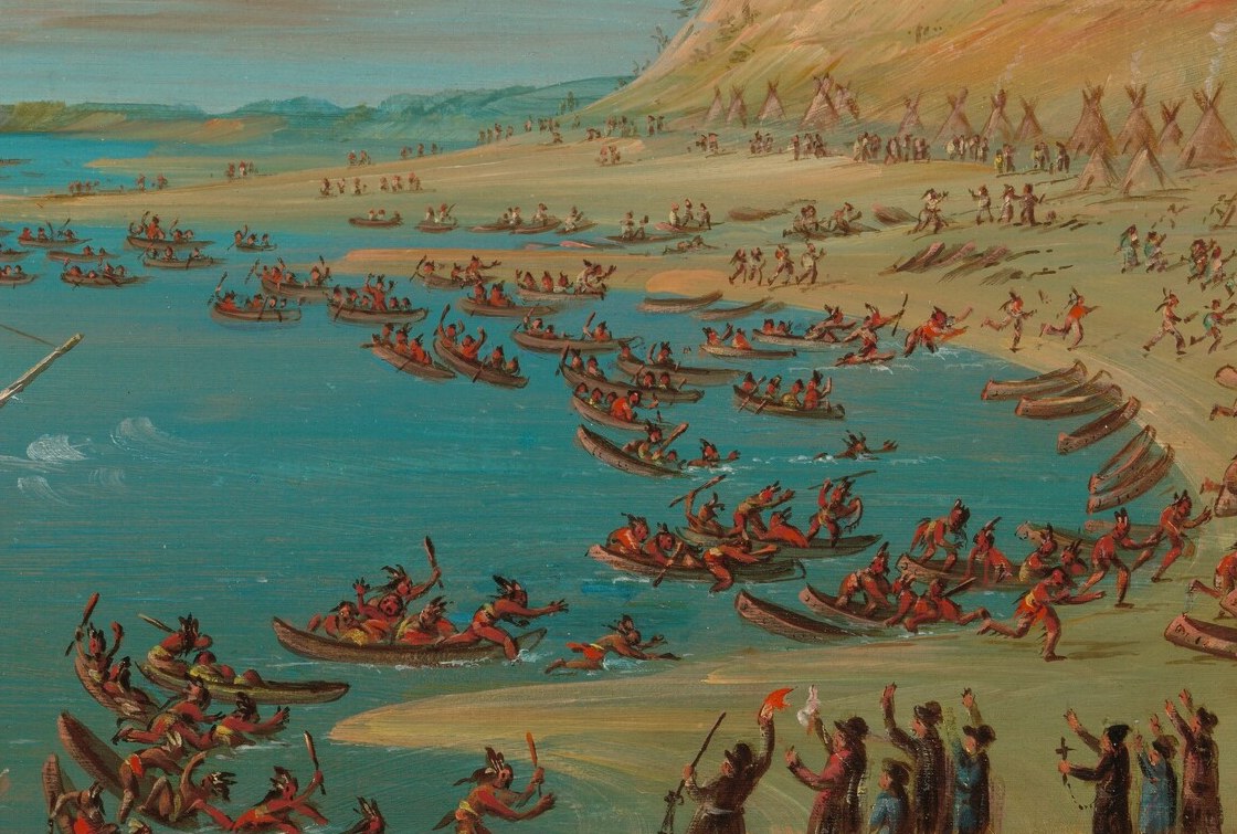 The abundance of canoes suggests a native population engaged in travel or ceremony, adding to the historical context.