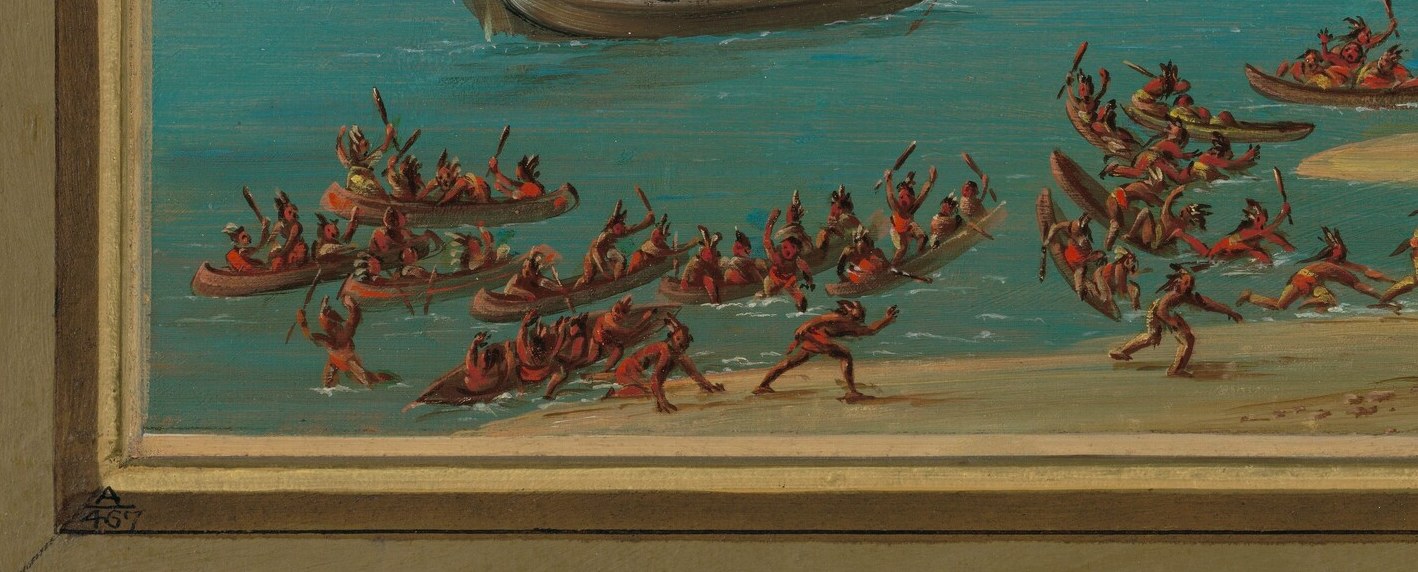 These figures, actively paddling or disembarking, create a sense of immediate action and arrival.