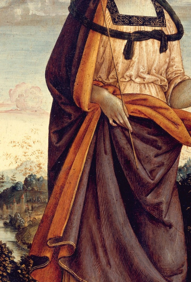 The translucent silk over the dark robe creates a difficult drapery passage , cloth-on-cloth differentiation , that demonstrates the painter's command of material texture and colour temperature contrast.