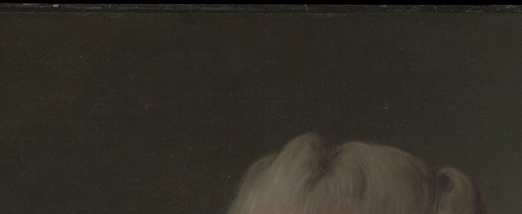 The architectural height of the wig encodes aristocratic status precisely; its white powder creates a crown-like silhouette against the dark background , a deliberate social signal