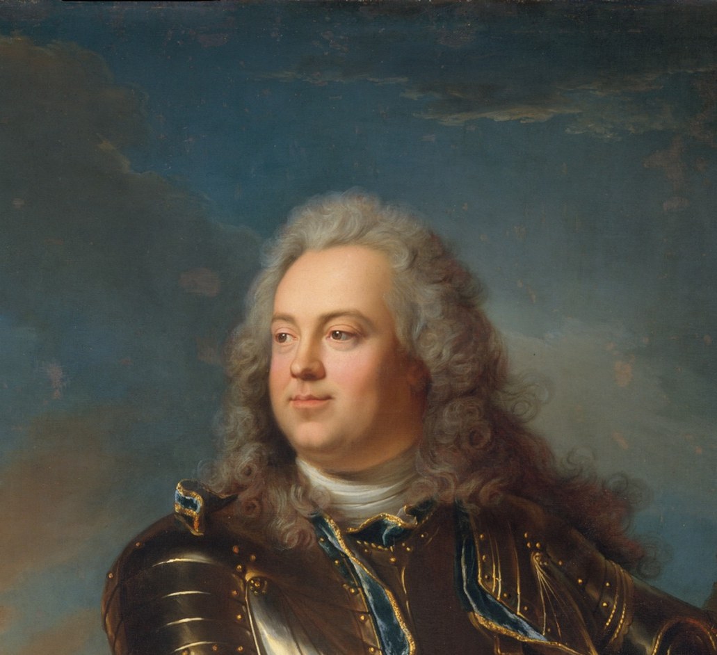 The wig's bright white mass frames the face and signals aristocratic military rank; its artificial formality contrasts with the implied violence of the armor below.