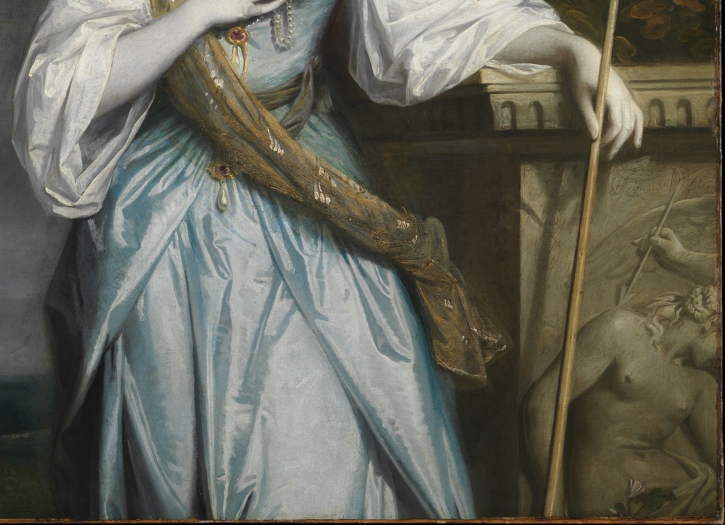 Look at her pale blue silk dress.