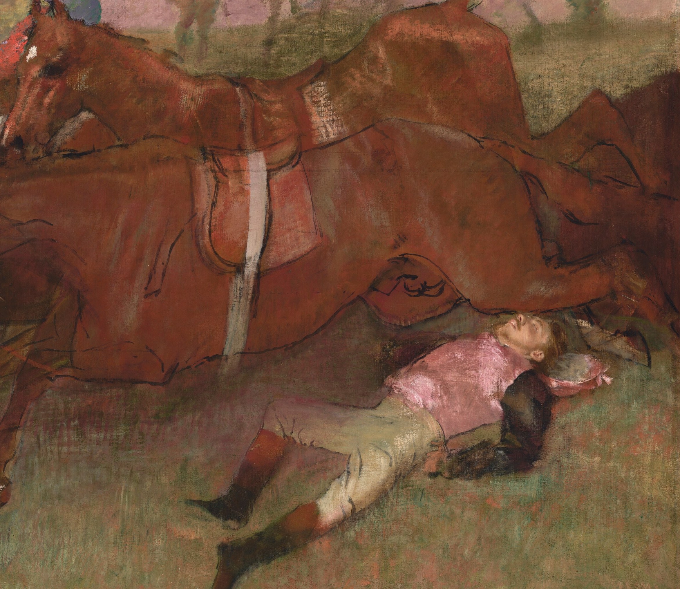 The horse's powerful, dynamic pose captures the chaos and energy of the race.