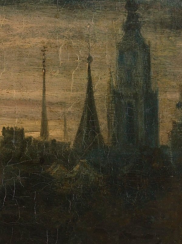 A glimpse of a city spire hints at her prosperous life.