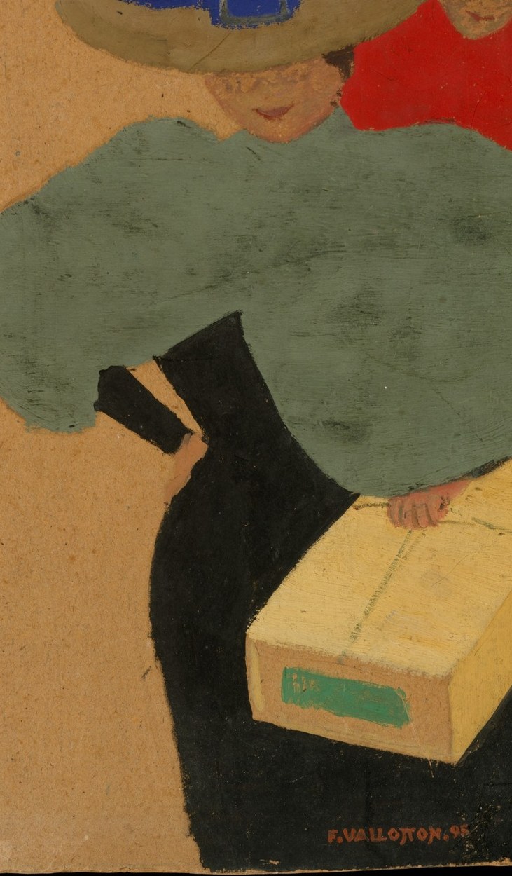 Her blue hat is the painting's second boldest color accent; she is the bourgeois shopper caught mid-errand , the parcel she carries humanizes the otherwise featureless silhouette