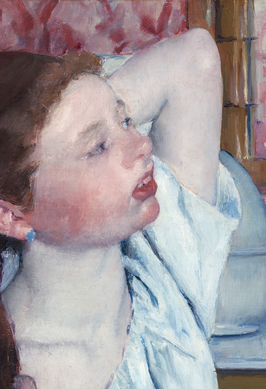 The upstretched arm creates a bold diagonal line; the ungainly pose was Cassatt's deliberate rebuttal to Degas's doubts about female draftsmanship.