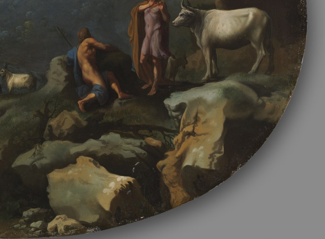 The rough texture and dramatic lighting of the rocks add a tactile quality and emphasize the figures' placement.