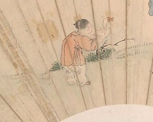 To a boy, crouching low, guiding a single white goose.