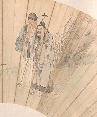 The eye is drawn down, past the standing scholar.