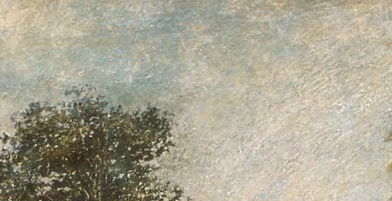 The brightest zone in the painting; this escape of light sets the tonal key that makes everything below feel enclosed and hushed , the painting breathes only here