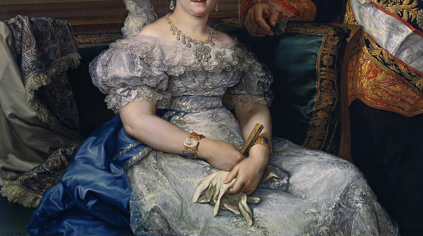 The delicate, layered lace of her dress showcases the artist's skill in rendering fine textures and the fashion of the era.