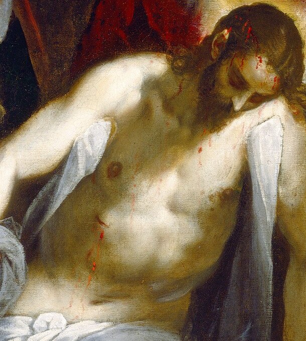 The devotional and compositional center , the vacant, still features of the dead Christ condense the theology of sacrifice into a single gaze