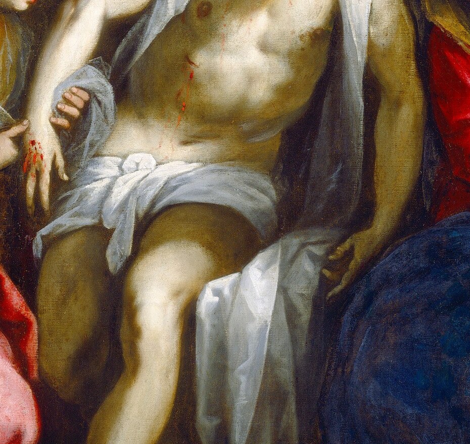 Venetian chiaroscuro at full force: pallid flesh radiates against the dark ground, channeling Titian's late manner and making the body the painting's light source