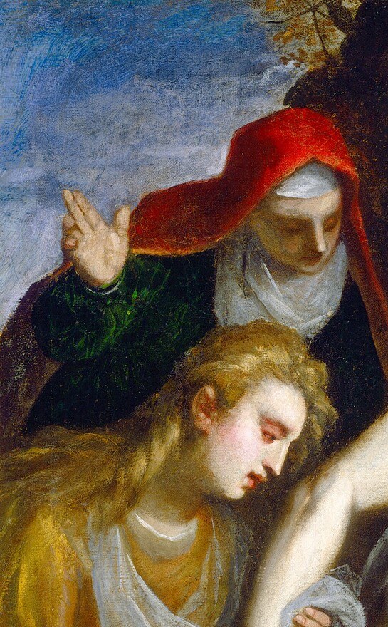 Likely Nicodemus or Joseph of Arimathea , the aged, anguished face carries the weight of witness and contrasts the youthful mourners below