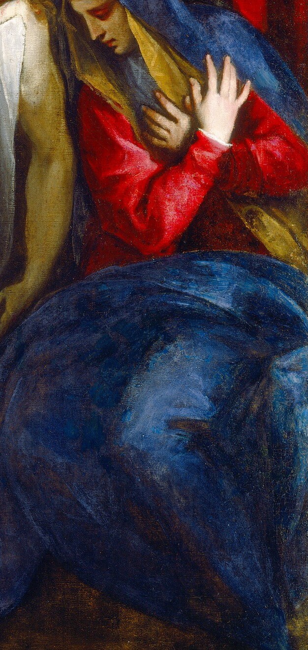 Her lifted hands read simultaneously as prayer and helpless appeal; the right-side anchor of the composition's emotional arc