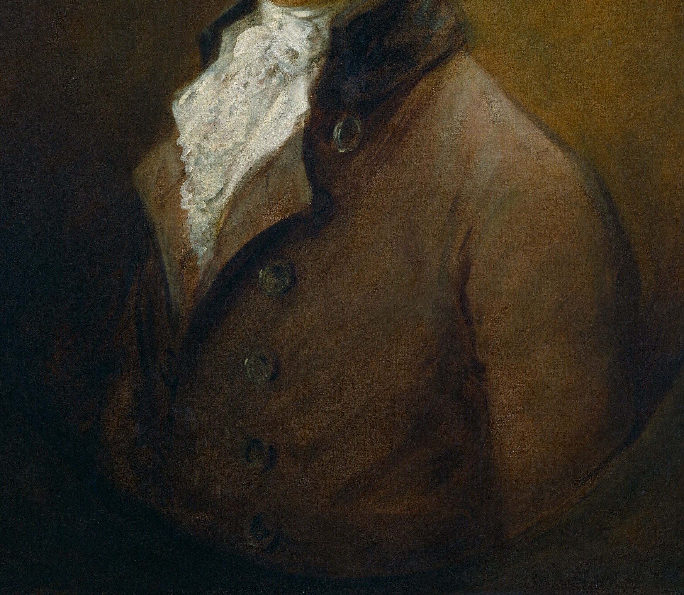 Warm reddish-brown pigment applied with fluid strokes creates a sense of fabric weight; the tonal shift from highlight to shadow encodes status through material luxury.
