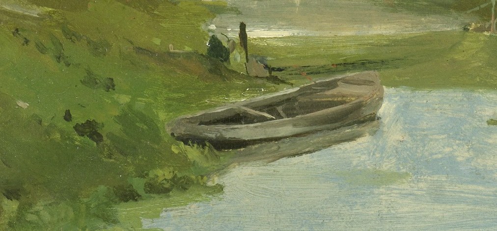 A classic Dutch polder motif , the still boat implies recent use but present absence, lending the scene a contemplative, suspended quality.
