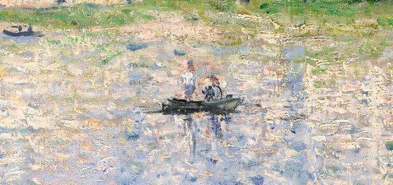 Two figures in a rowboat, small against the current.