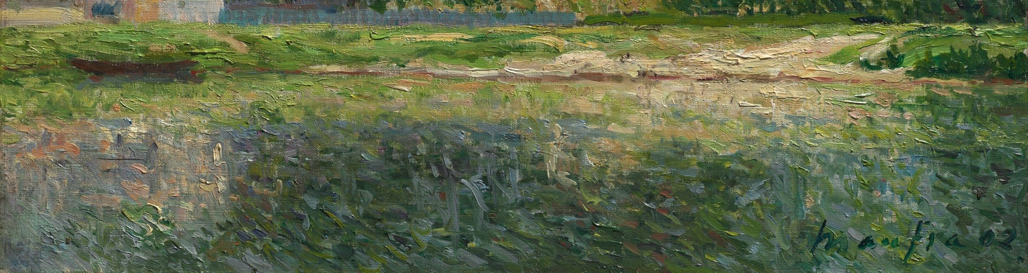 The painter used thick, visible strokes for the water and trees.