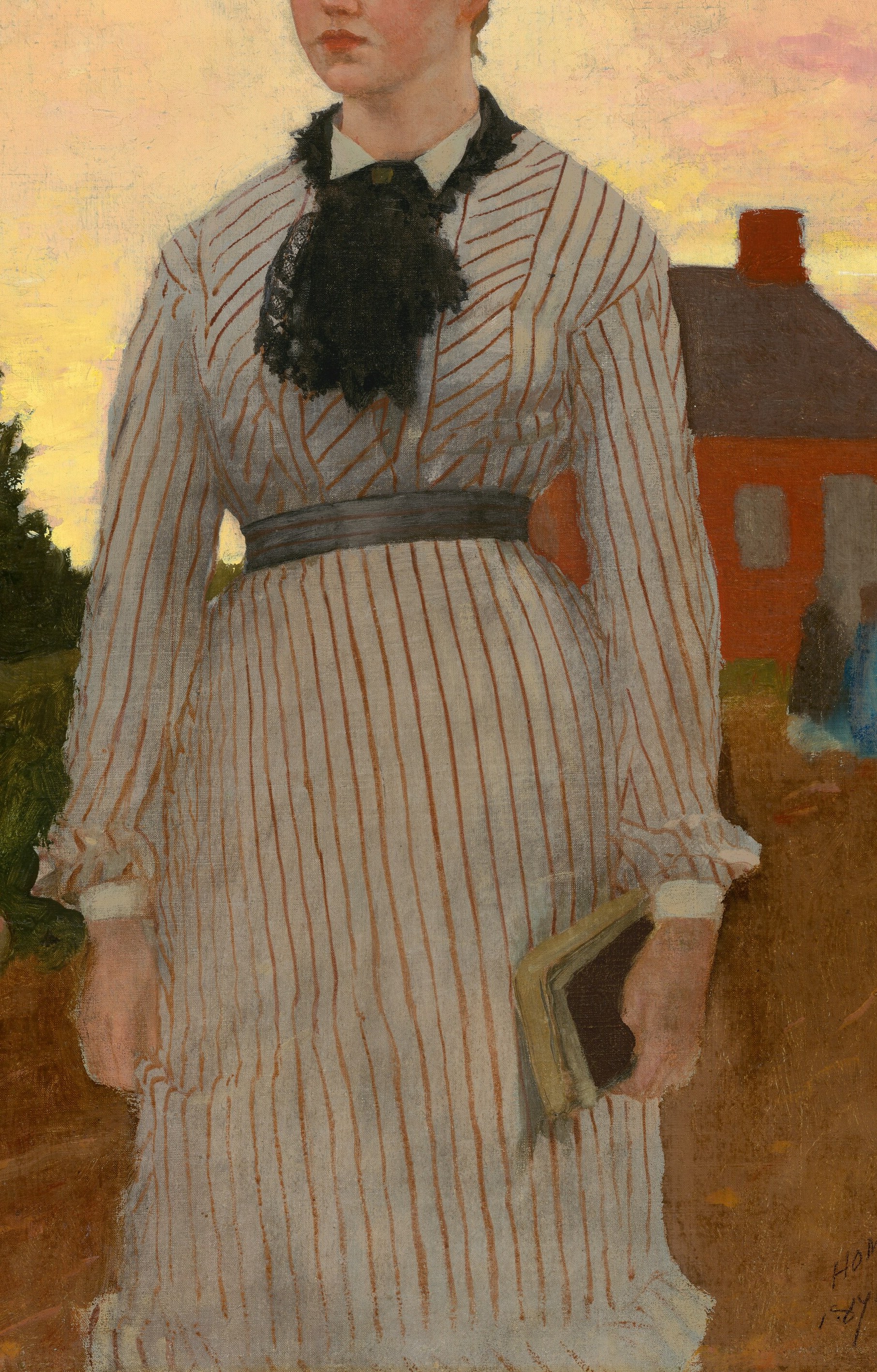 She wears a striped dress and a wide white hat.