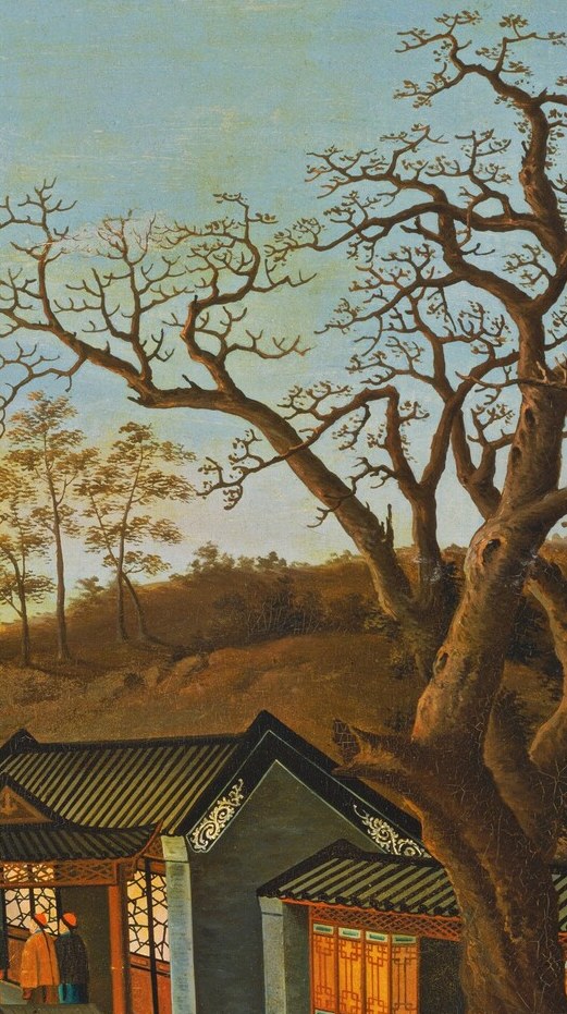 The skeletal branches cut sharply against the cloudy sky, acting as a compositional spine and a seasonal marker , archery contests were cold-season martial rites.