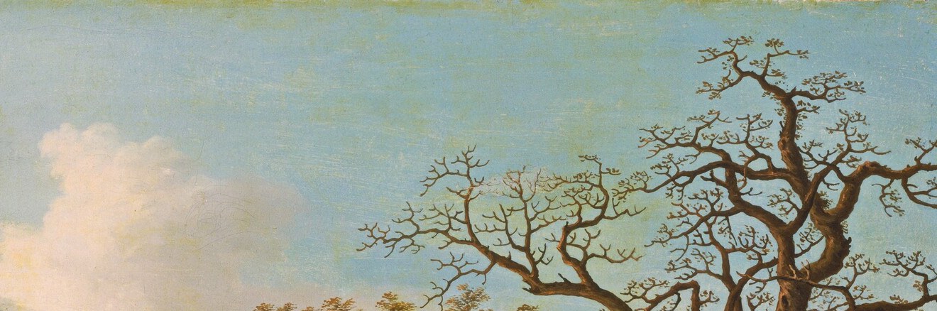 Atmospheric European-style chiaroscuro sky is rare in Qing court painting; its turbulence contrasts with the ordered ceremony below and shows Western oil-painting influence.