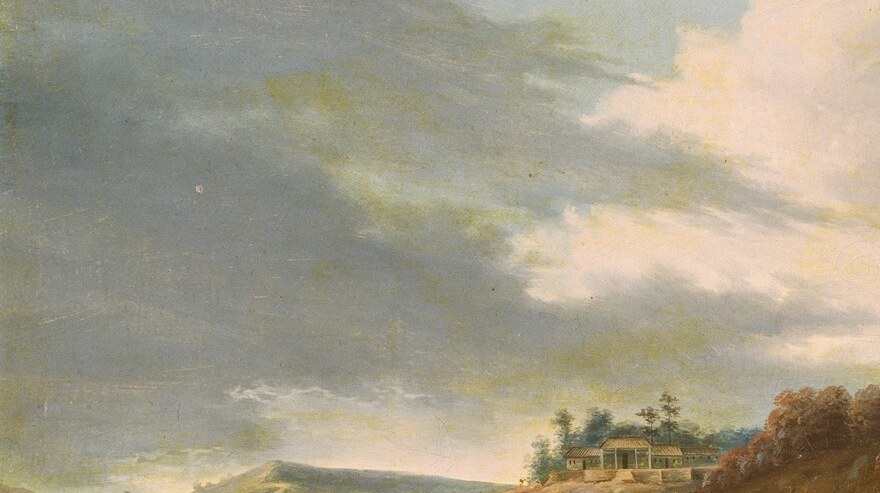 The softly rendered landscape recedes convincingly using European aerial perspective , a technical hybrid visible when compared to flat traditional Chinese landscape handling.